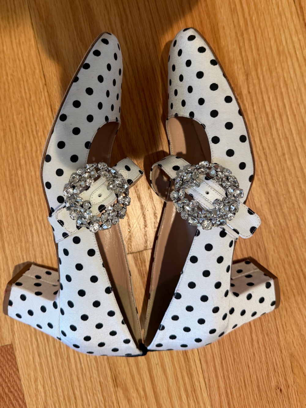 SJP Polka Dot Mid-Heel Mary Jane Pumps with Crystal Buckle - White/Black